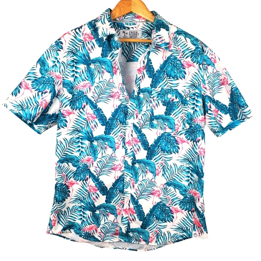 Free Planet Blue Pink Hawaiian Shirt XL. Palms & Flamingos : sku A0009